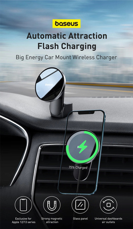 Baseus samochodowy uchwyt magnetyczny bezprzewodowa indukcyjna ładowarka Qi 15 W kompatybilna z MagSafe do iPhone czarny WXJN-01