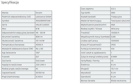 OSRAM Żarówka LED A60 E27 8,5W 60W 806lm 4000K