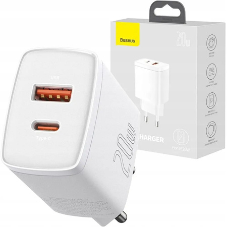 Baseus Szybka ładowarka sieciowa USB-A / USB-C Compact CCXJ-B02 20W 3A PD QC 3.0 - biała 