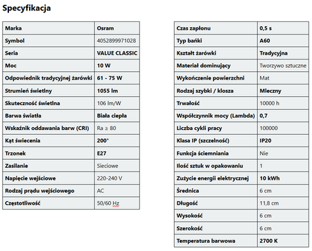 OSRAM Żarówka LED A60 E27 10W = 75W 1055lm 2700K