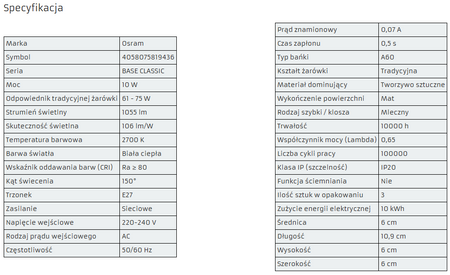 OSRAM 3X Żarówka LED E27 A60 10W = 75W 2700K 3PAK