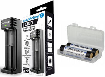 everActive Ładowarka do akumulatorków Li-ion oraz Ni-MH UC-100C USB-C + KeepPower akumulator ICR18650-380PCM 3800mAh Li-ION P1838C, 2 szt. - zestaw