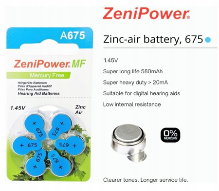 ZeniPower Baterie Słuchowe 675 A675 PR44 60 szt.