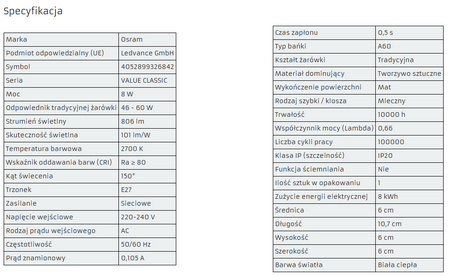 OSRAM Żarówka LED A60 E27 9W 60W 806lm 2700K