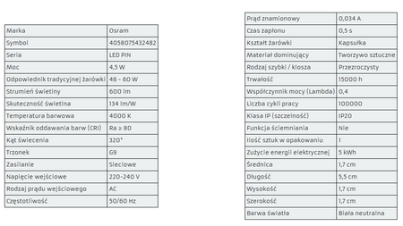 OSRAM Żarówka LED G9 KAPSUŁKA 4,8W = 50W 4000K 