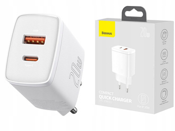 Baseus Szybka ładowarka sieciowa USB-A / USB-C Compact CCXJ-B02 20W 3A PD QC 3.0 - biała