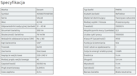 OSRAM Żarówka LED HALOGEN GU10 4,5W = 35W 4000K