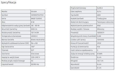 OSRAM 3x Żarówka LED E27 A60 8,5W 60W 806lm 4000K 