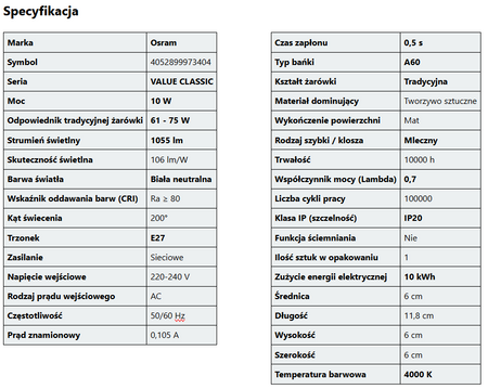 OSRAM Żarówka LED A60 E27 10W 75W 1055lm 4000K