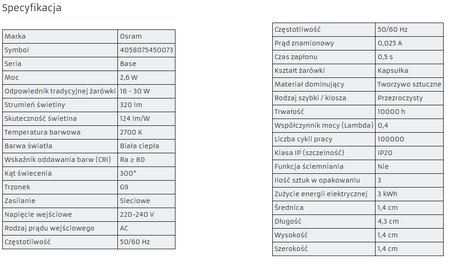 OSRAM 3x Żarówka LED G9 KAPSUŁKA 2,6W = 30W 2700K