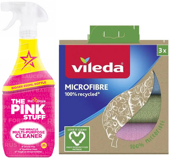 PINK STUFF UNIWERSALNY SPRAY CZYSZCZĄCY 850 ML+VILEDA ŚCIEREC. MIKROF.RECYCLED 3SZT