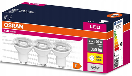 OSRAM 3x Żarówka LED GU10 4,5W 50W 350lm 2700K 36°