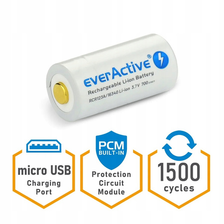 everActive akumulator 16340 3,7V Li-ion 650mAh micro USB z zabezpieczeniem