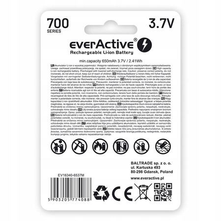 everActive akumulator 16340 3,7V Li-ion 650mAh micro USB z zabezpieczeniem