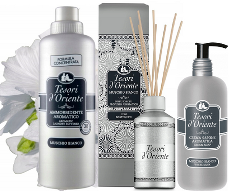 TESORI D\'ORIENTE 760 ML PŁYN DO PŁUKANIA BIAŁE PIŻMO / MUSCHIO BIANCO FABRIC SOFTENER+ DYFUZOR Z PATYCZKAMI MUSCHIO BIANCO+MYDŁO W PŁYNIE /zestaw