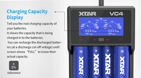 XTAR Ładowarka VC4 18650/32650 Li-ION/Ni-MH, 4 kanały, USB + XTAR 16340 / R-CR123 3,7V Li-ION 650mAh z zabezpieczeniem 2 szt. /zestaw