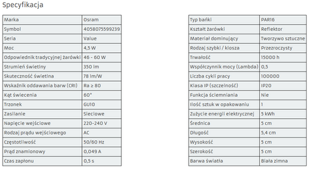 OSRAM Żarówka LED GU10 4,5W = 50W 350lm 6500K 60° 
