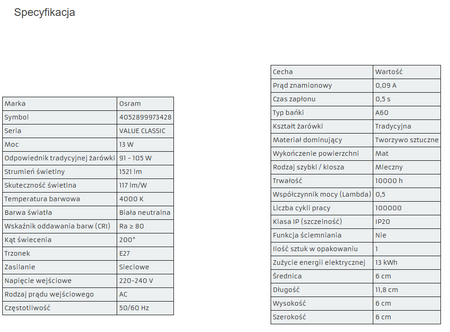 OSRAM Żarówka LED A60 E27 14W 100W 1521lm 4000K