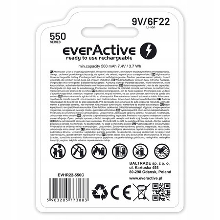 everActive akumulator 6F22 9V Li-ion 550mAh USB-C
