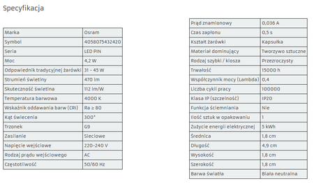 OSRAM Żarówka LED G9 KAPSUŁKA 4,2W = 40W 4000K