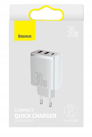 Baseus Compact szybka ładowarka sieciowa 2x USB / USB Typ C 30W 3A Power Delivery Quick Charge biały CCXJ-E02