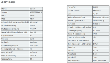 OSRAM Żarówka LED GU10 4,5W = 50W 350lm 4000K 60° 