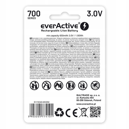 everActive akumulator 16340 3V Li-ion 650mAh micro USB z zabezpieczeniem