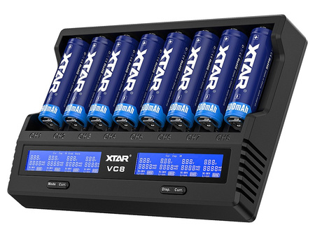 XTAR Ładowarka VC8 18650/26650 Li-ION/Ni-MH, 8 kanałów, USB + XTAR 14500 / AA 1.5V Li-ION 2000mAh z zabezpieczeniem, 8 szt. /zestaw