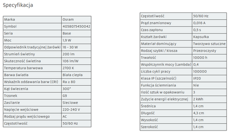 OSRAM 3x Żarówka LED G9 KAPSUŁKA 1,9W = 20W 2700K