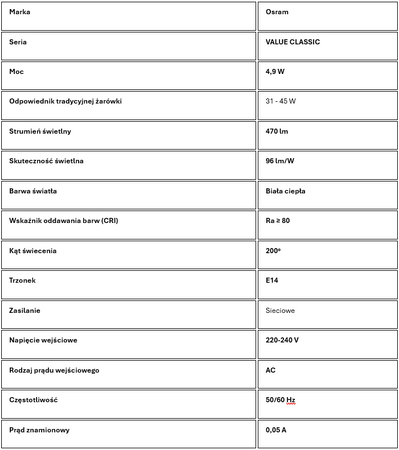 OSRAM Żarówka LED ŚWIECA E14 4,9W 40W 470lm 2700K