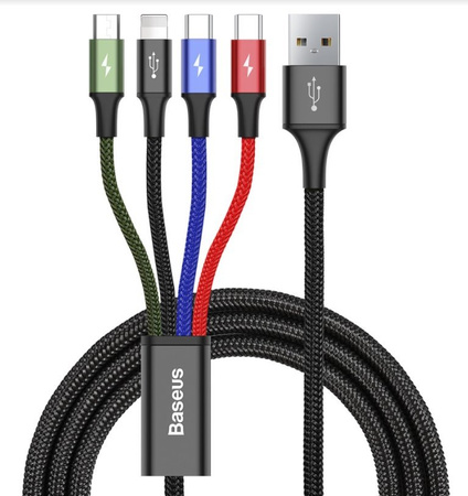 Baseus kabel przewód USB 4w1 Lightning / 2x USB Typ C / micro USB w nylonowym oplocie 3.5A 1.2m czarny CA1T4-B01