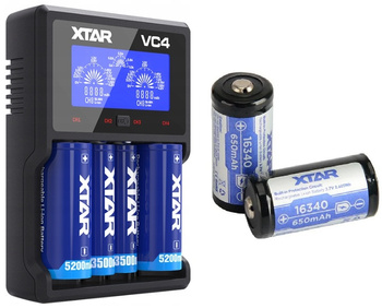 XTAR Ładowarka VC4 18650/32650 Li-ION/Ni-MH, 4 kanały, USB + XTAR 16340 / R-CR123 3,7V Li-ION 650mAh z zabezpieczeniem 2 szt. /zestaw